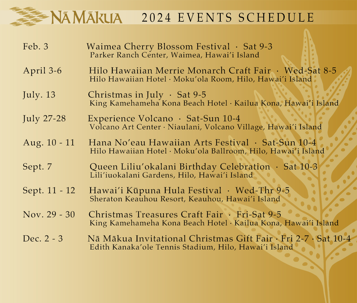 Na Makua Events 2024 Schedule